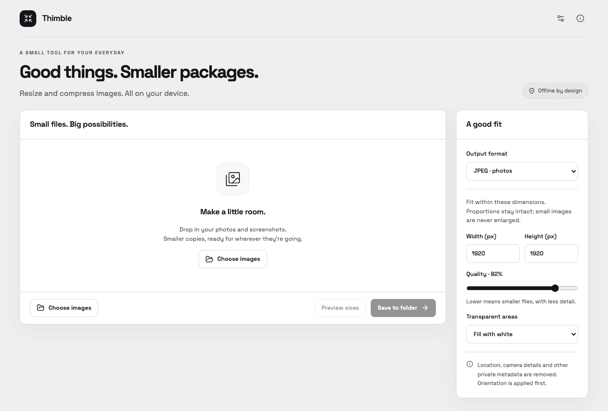 Thimble desktop interface showing its workspace and processing options